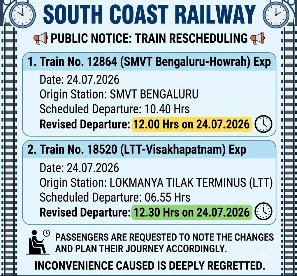 SCoRAILWAYVSKP's tweet photo. Important Information
#Reschedule
@RailMinIndia @SWRRLY
@Central_Railway @drmgtl
@drmgnt @drmvijayawada
@DRMVSKPSCoR @SCRailwayIndia
@EastCoastRail @serailwaykol
