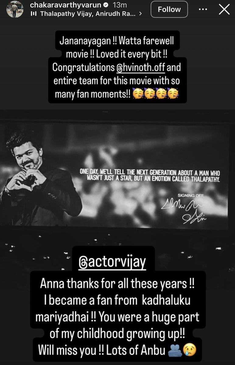 mufaddal_vohra's tweet photo. Varun Chakravarthy’s Instagram story for TN CM Vijay. https://t.co/vGodfCHtY5