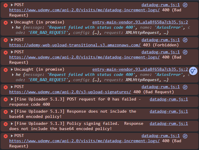 Sidistic07's tweet photo. @udemy  Caption (.vtt) upload is broken — console shows /api-2.0/s3-upload-signatures/ returning 400, so the uploader can't get a signed policy and the S3 upload then fails with 403. Not a file format issue, looks server-side. Anyone else hitting this? #UdemyInstructor https://t.co/UfHtuyJTNy