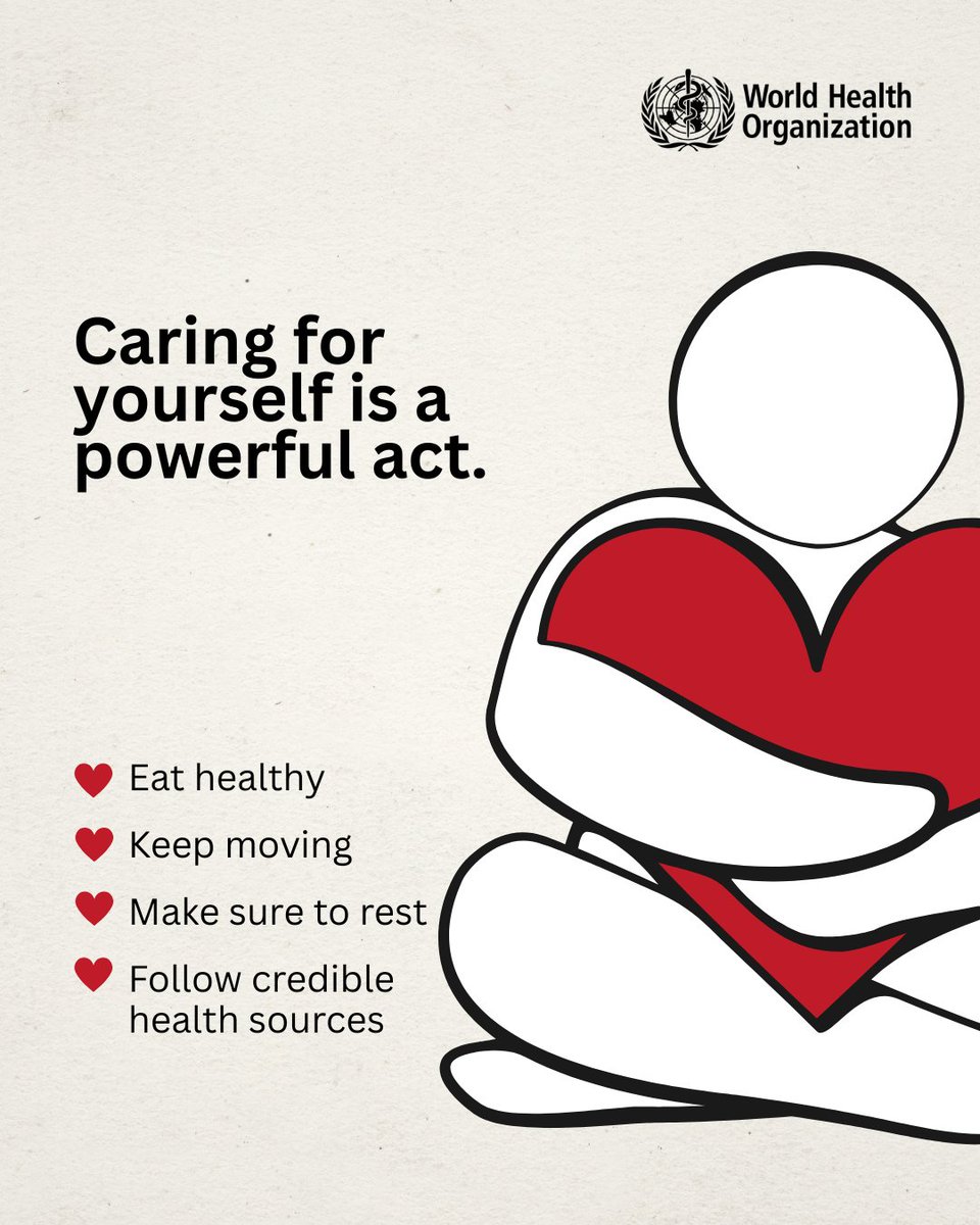 WHO's tweet photo. Self-care isn’t selfish; it’s survival, strength, and showing up for yourself. 

Every choice to protect your health is a quiet act of power for you, and for the people who count on you. 

This International Self-Care Day, choose yourself. 

Take the walk. Book the check-up. Ask the questions. Rest when you need to. Choose one healthy habit today — and let it be the beginning of many. 

Your health is worth your time.