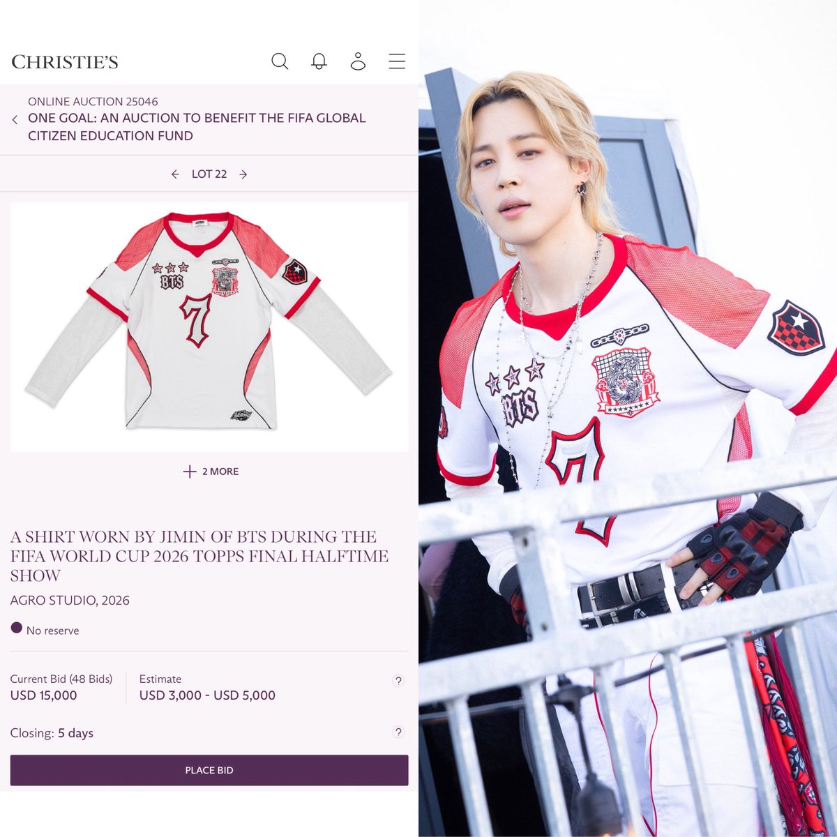 PJM_INA's tweet photo. Jersey yang dikenakan Jimin saat FIFA World Cup Halftime Show kini telah mencapai penawaran US$15.000 (sekitar Rp269,9 juta) 🤯😭

Di antara 26 item yang dilelang, jersey Jimin menjadi item dengan penawaran tertinggi, mencatat kenaikan terbesar dibanding estimasi awal (US$3.000–5.000), serta menarik jumlah penawar terbanyak🔥

Dan lelangnya masih tersisa 5 hari lagi… 😭