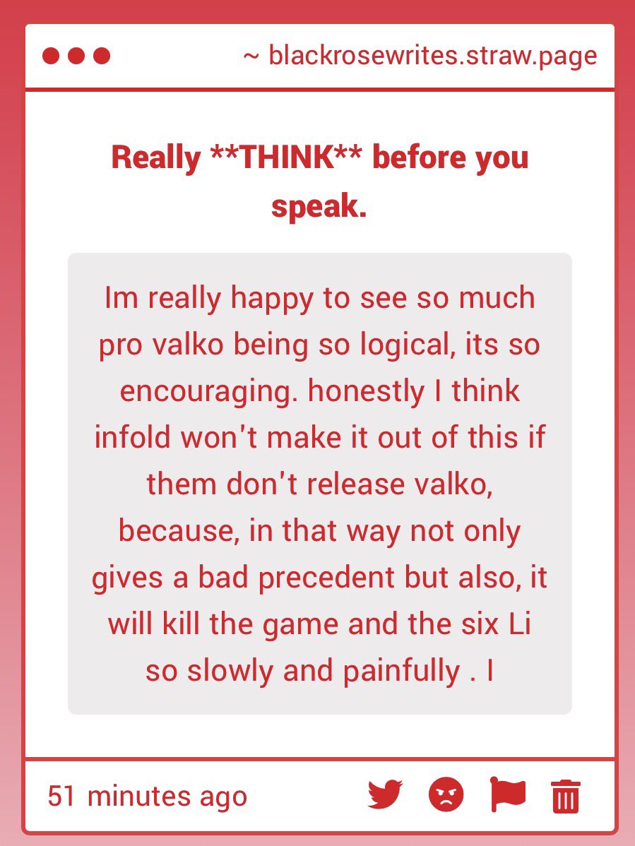 BlackRoseWrts's tweet photo. If the integrity of this story has any chance of holding together, and Infold wants to rebuild trust with the player base, they HAVE to bring him back.

That’s it.

No compromise.

(Also, if you sent a second part to this message it didn’t come through. I can’t tell if that last bit was a typo or the start of a new sentence haha)

#bringvalkoback
#valkoisloved