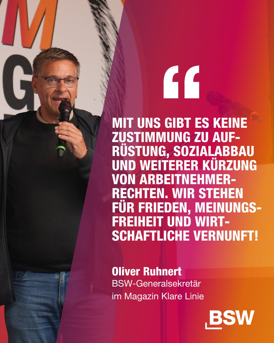 BSWbund's tweet photo. ⚽️ Vom Fußball in die Politik: Oliver Ruhnert hat als Manager den 1. FC Union Berlin bis in die Champions League geführt. Heute ist er Generalsekretär des BSW und will die Partei in die Parlamente bringen.

Im Interview mit dem BSW-Magazin „Klare Linie“ erklärt er, warum die Landtagswahlen im Osten über die Zukunft der  Bundesregierung mitentscheiden und damit die Weichen für die Zukunft Deutschlands stellen können – und warum der Einzug des BSW so wichtig ist.

👉 https://t.co/1VpZXdRlxp

💬 „Mit uns gibt es keine Zustimmung zu Aufrüstung, Sozialabbau und weiterer Kürzung von Arbeitnehmerrechten.“

💬 „Unsere Kandidatinnen und Kandidaten kommen aus den Ländern, sprechen die Sprache der Bürger.“

📖 Jetzt das ganze Interview lesen. Teilt den Beitrag gerne mit Freunden, Familie und Kollegen. 

#BSW #KlareLinie #WegMitMerz #OliverRuhnert #SahraWagenknecht #Landtagswahl #Frieden @ORuhnertofficia