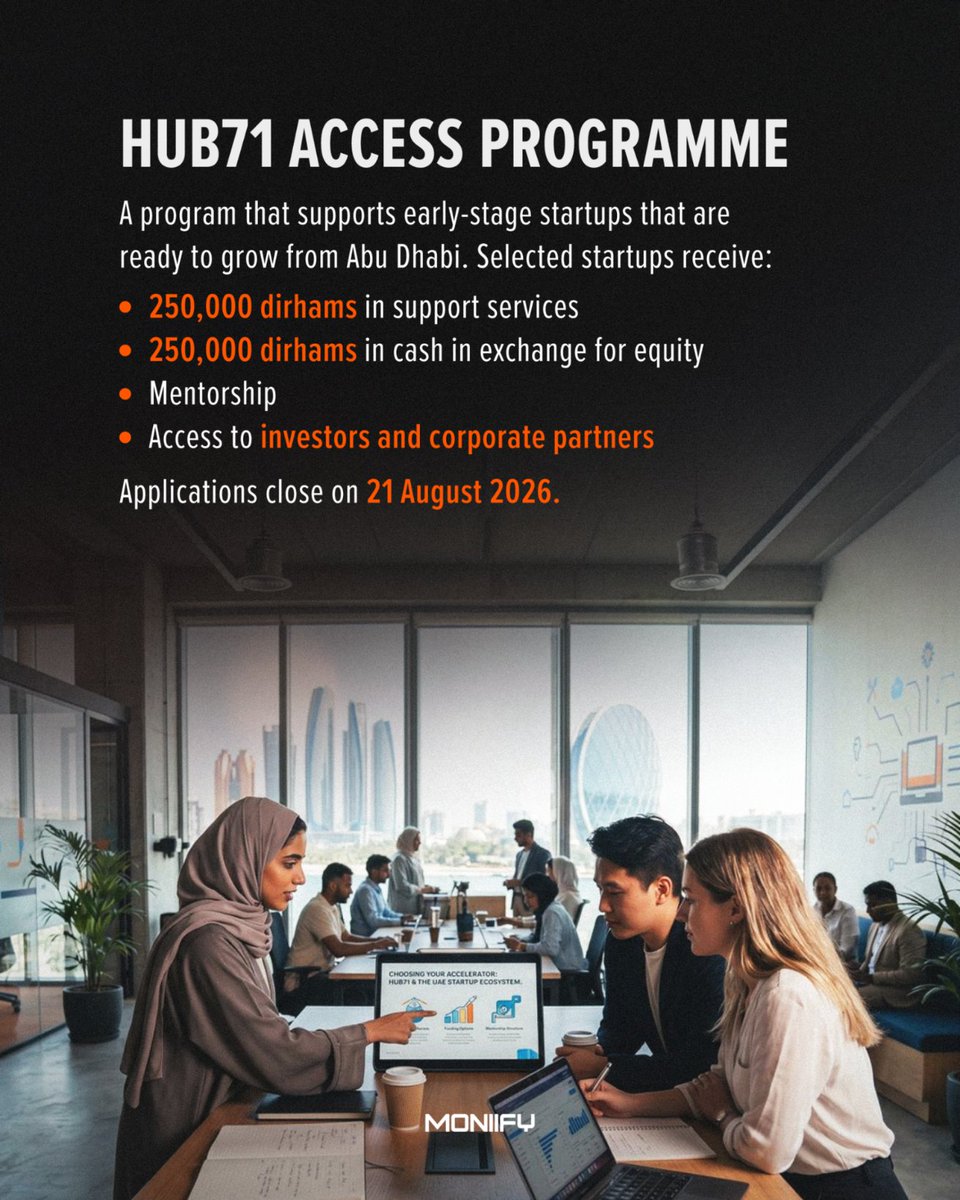 MoniifyBusiness's tweet photo. Building a startup in the UAE? These three resources offer training, setup guidance, funding, and growth support 🇦🇪

Comment “UAE” and we’ll send you all the links. 

#UAEStartups #StartupUAE #StartupEmirates #Hub71 #DubaiStartupGuide https://t.co/TD5ruiG4GD
