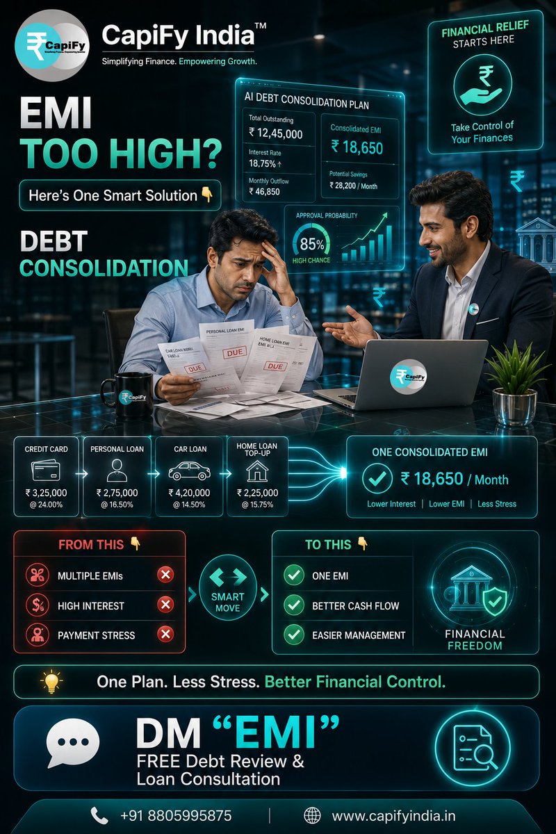 CapiFyIndia's tweet photo. 🚨 Still paying Multiple EMIs every month? 😓
💸 One salary... but multiple EMIs?
You're not alone.

#DebtConsolidation #EMI #LoanTips #FinancialFreedom #PersonalFinance #MoneyManagement #LoanApproval #FinanceIndia #HomeLoan #BusinessLoan #PersonalLoan #WorkingCapital https://t.co/shu8fr9HIr