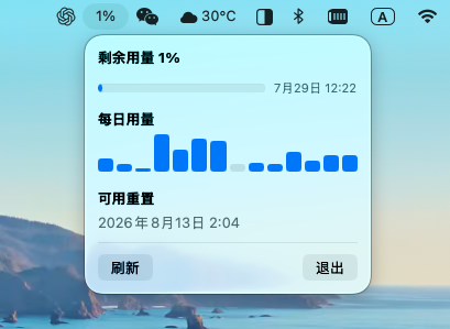 kingabird's tweet photo. 做了 mac 的菜单栏工具，显示 ChatGPT 当前的剩余额度，不用一直点开左下角了。 https://t.co/98a91tTNjp