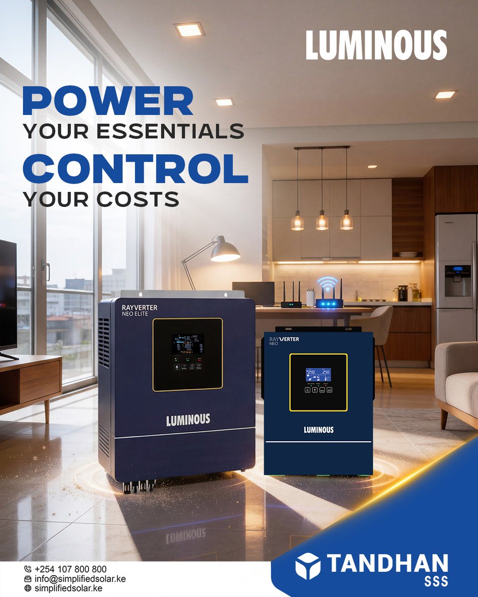 SimplifiedSSL's tweet photo. Luminous Rayverter Neo Inverter keeps key appliances running smoothly with efficient performance that reduces power expenses.
For more information, feel free to reach us at +254 107 800 800, email us at info@simplifiedsolar.ke, or visit our website at https://t.co/2Au0YJxsr6 https://t.co/XkqmwpIqJL