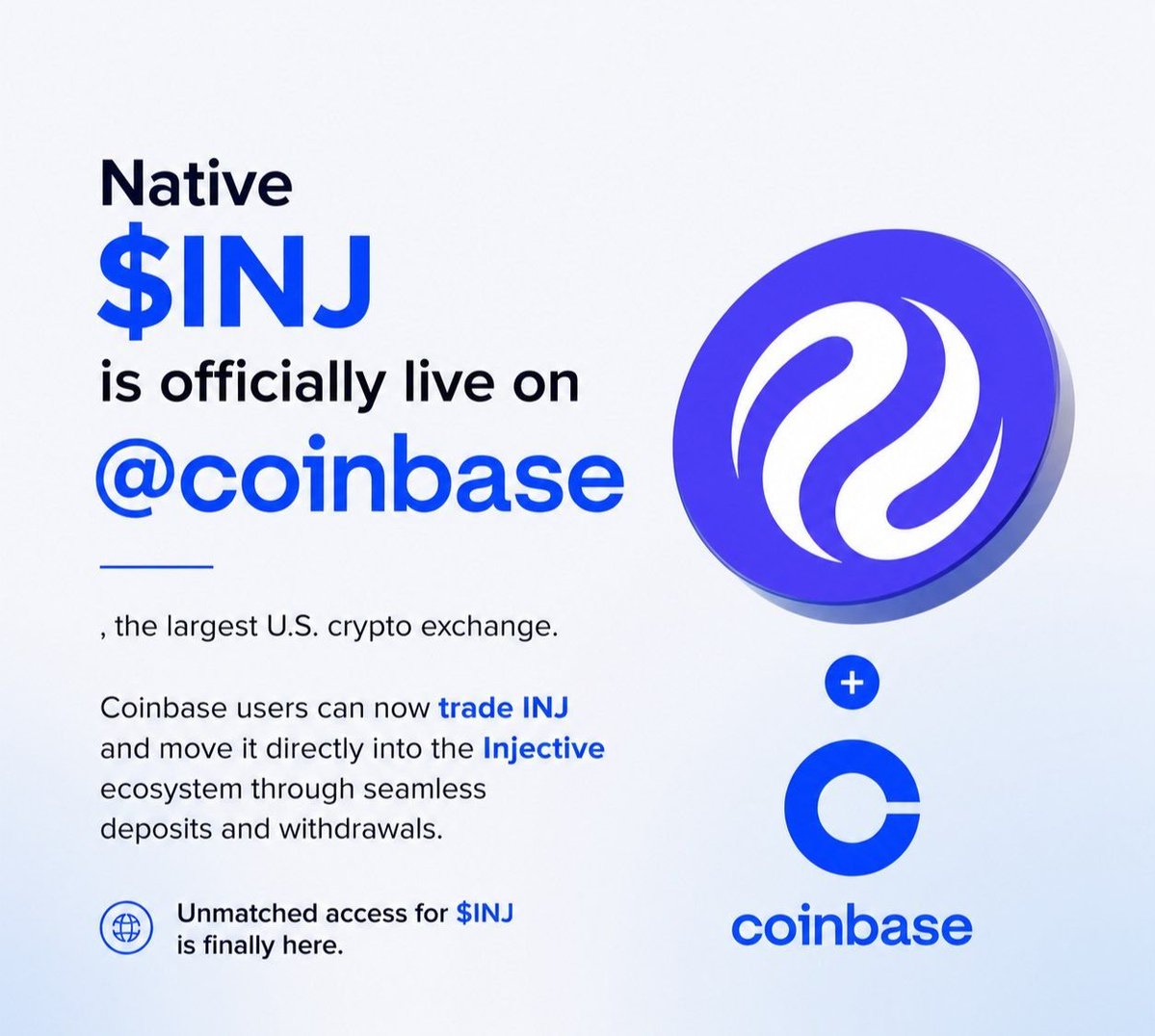 0xAganin's tweet photo. I still remember the first time I withdrew @injective off an exchange and had to think about which network it was on. 

Today, that entire headache has disappeared.

Native $INJ is officially live on @coinbase, the largest U.S. crypto exchange. 

My ERC-20 balance was automatically converted 1:1, with no fees and no action on my end.

This is @injective's MultiVM Token Standard doing exactly what it promised: one canonical $INJ, no bridge, no wrapped copy.

Then the big question: 

What does this mean for me and the rest of the community?

For a start, it means that we can now trade native $INJ on an exchange holding $294B in platform assets and an all-time-high 8.6% share of global crypto volume, then withdraw it straight into the ecosystem and actually use it for staking, governance, tokenised markets, payments, and AI agent applications.

@coinbase isn't just an exchange to me anymore. It's a my go to location to stack up more $INJ 😌😌