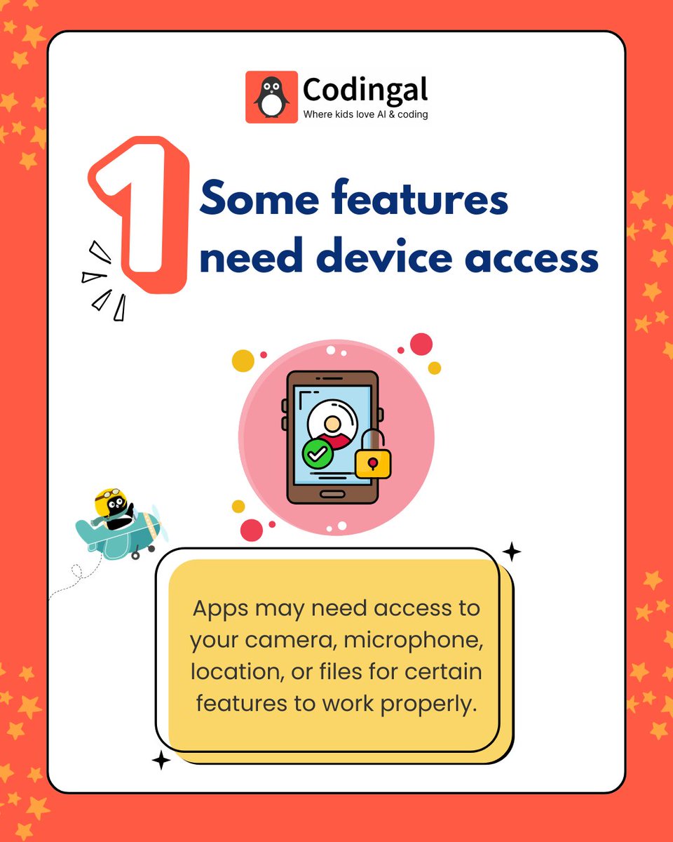 codingal's tweet photo. App permissions help features work - but every request should have a clear purpose. 
Pause, check, and choose what access you allow.  

#AppPermissions #DigitalSafety #OnlineSafety #TechAwareness #Codingal https://t.co/K27bdKXhhA