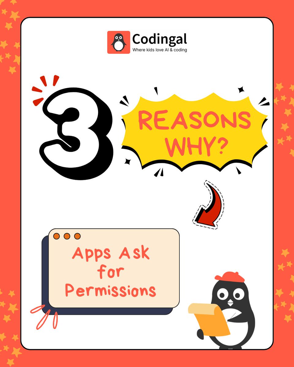 codingal's tweet photo. App permissions help features work - but every request should have a clear purpose. 
Pause, check, and choose what access you allow.  

#AppPermissions #DigitalSafety #OnlineSafety #TechAwareness #Codingal https://t.co/K27bdKXhhA