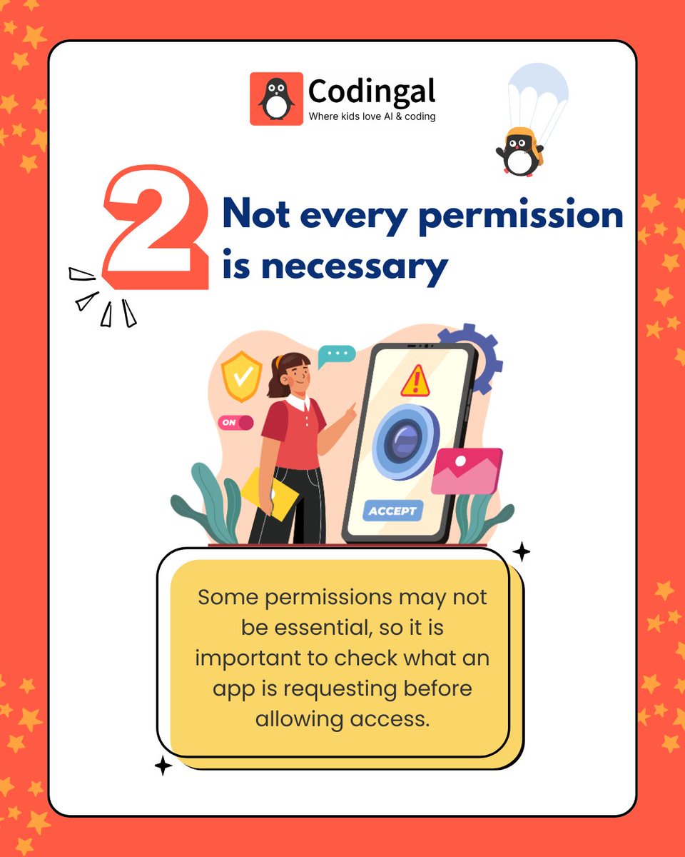 codingal's tweet photo. App permissions help features work - but every request should have a clear purpose. 
Pause, check, and choose what access you allow.  

#AppPermissions #DigitalSafety #OnlineSafety #TechAwareness #Codingal https://t.co/K27bdKXhhA