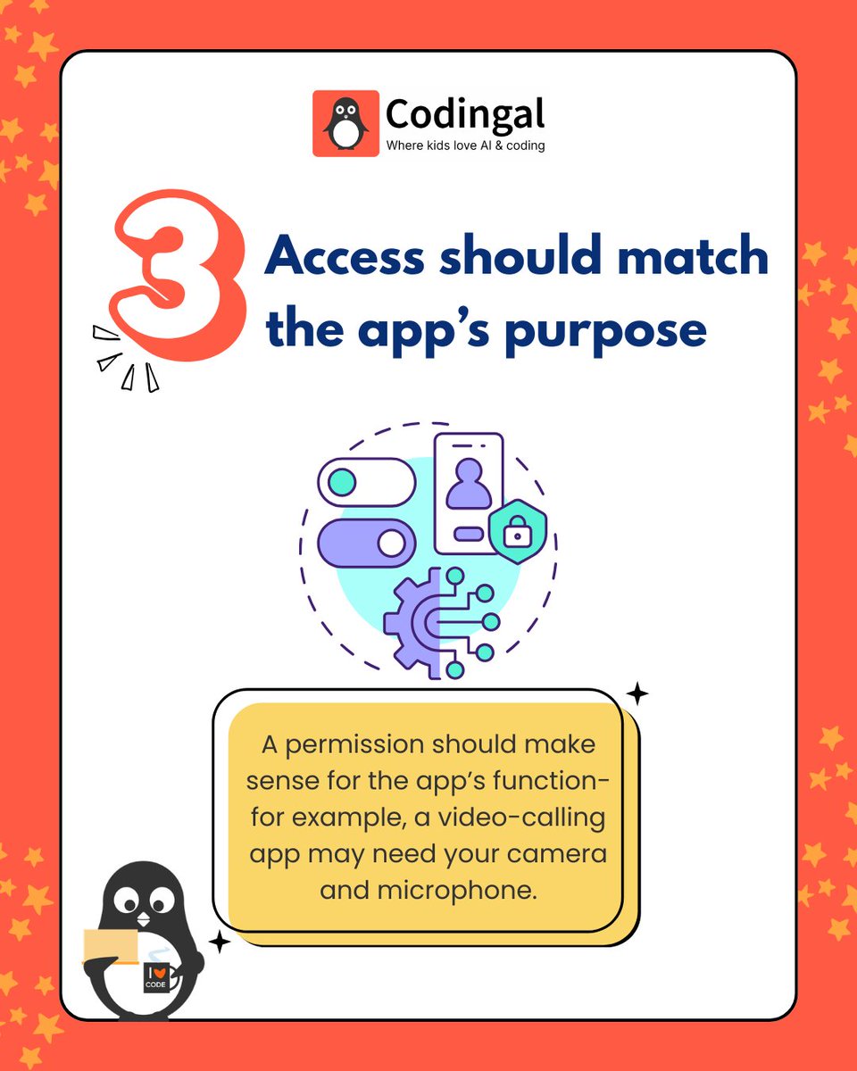 codingal's tweet photo. App permissions help features work - but every request should have a clear purpose. 
Pause, check, and choose what access you allow.  

#AppPermissions #DigitalSafety #OnlineSafety #TechAwareness #Codingal https://t.co/K27bdKXhhA