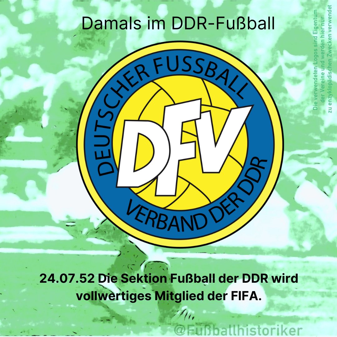 FussballDdr's tweet photo. 📌 24.07.52

Die Sektion Fußball im Dt. Sportausschuss wird FIFA-Mitglied.

Mit der Aufnahme als vollwertiges Mitglied kann die DDR künftig mit einer Nationalmannschaft Länderspiele austragen.

Den Aufnahmeantrag hatte die DDR bereits am 6.2.1951 gestellt. Widerstand kam vom DFB: Präsident Peco Bauwens sah in der „politisch geführten Fußballsportbewegung der Ostzone“ eine Gefahr und wollte den Sport von politischen Tendenzen freihalten.

Die „unpolitische“ Haltung entsprach zugleich dem Alleinvertretungsanspruch der BRD.

#DDRFußballkalender #DDR #Oberliga #Fußballgeschichte #FIFA #Nationalmannschaft #DFV
