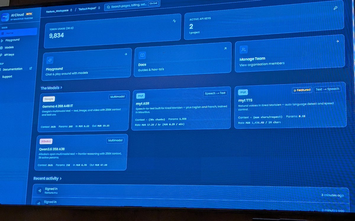JKirstaetter's tweet photo. Nice!
Open source models like @googlegemma 4 among others are offered by our partner @telecom_mu on the local, sovereign market.

#DevConMu #mauritius https://t.co/1cSgVWOZC3