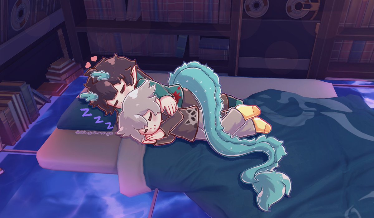 Singchronya's tweet photo. Sleeping cuddled up together~ 

Today Dan Heng goes to bed early, after seeing Caelus fall asleep on his futon... using the tail as a warm, cozy blanket ♡ /ᐠ ◞ ᆺ ◟マ

#DanHeng #丹恒 #Caelus #穹 #Dancae #丹穹 https://t.co/c7CENnf45D