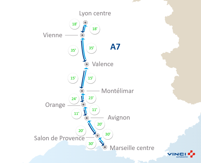 A7Trafic's tweet photo. #Infotrafic à 08h30 ⏱️Vos temps de parcours sur @A7Trafic entre #Lyon, #Vienne, #Valence, #Montélimar, #Orange, #Avignon, #SalonDeProvence et #Marseille. #BienVoyager #A7 https://t.co/D1aqdabsHp