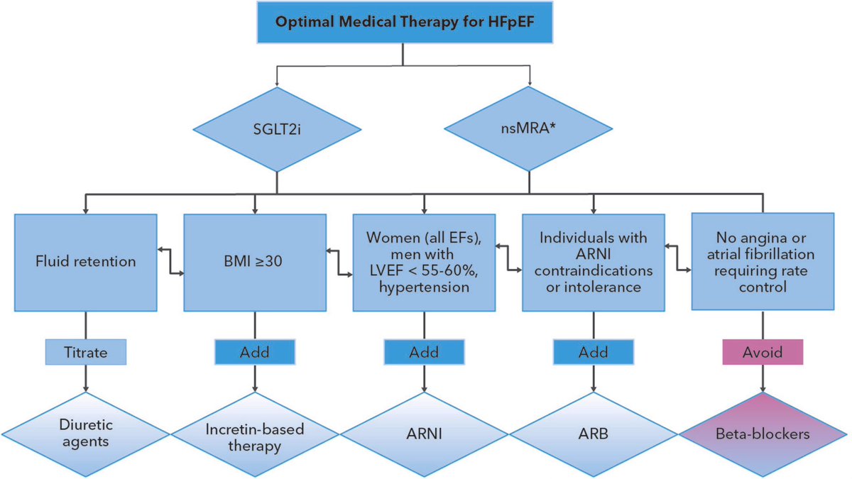 drbennisahmed's tweet photo. This is a treatment algorithm for optimal  therapy in HFpEF 

Under SGLT2i:

Fluid retention → titrate diuretic agent

BMI ≥30 → add incretin-based therapy (e.g., GLP-1 agonists)

Women (any EF), men with LVEF <55–60%, or hypertension → add ARNI

https://t.co/LtDakOyxO1 https://t.co/A0Jed0dTOo