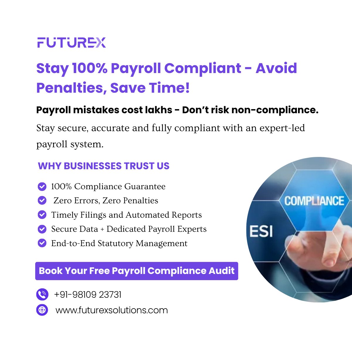 WeFuturex's tweet photo. Payroll mistakes can lead to costly penalties and compliance issues.
Stay compliant with:
✅Accurate Payroll
✅ PF &amp; ESIC Filings
✅ Timely Statutory Compliance
✅ Dedicated Payroll Experts
🌐 https://t.co/mdvByWTjoR
#Payroll #Compliance #HR #PayrollManagement #Business https://t.co/TN811SQvBg