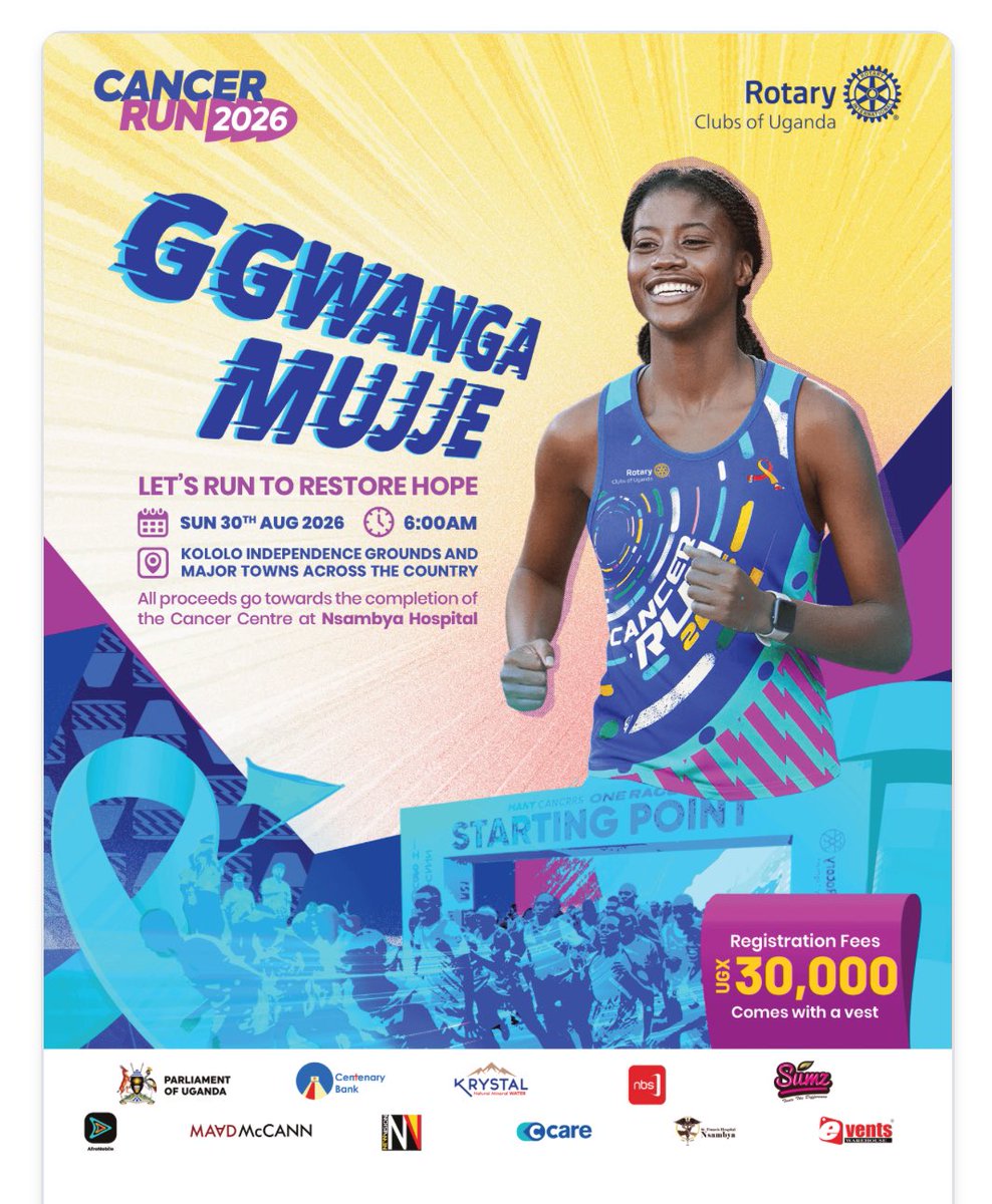 CoachRebeccaUG's tweet photo. All roads lead to the Rotary Cancer Run 2026.

Come Aug 30th, join us @RctNajjeera as we add to the efforts to equip the Cancer Center @NsambyaHospital with modern linear accelerator technology. Every step counts 🏃🏾‍♀️

#ggwangamujje #rotaryeyamba #cancerawareness https://t.co/QBNz5j38PK