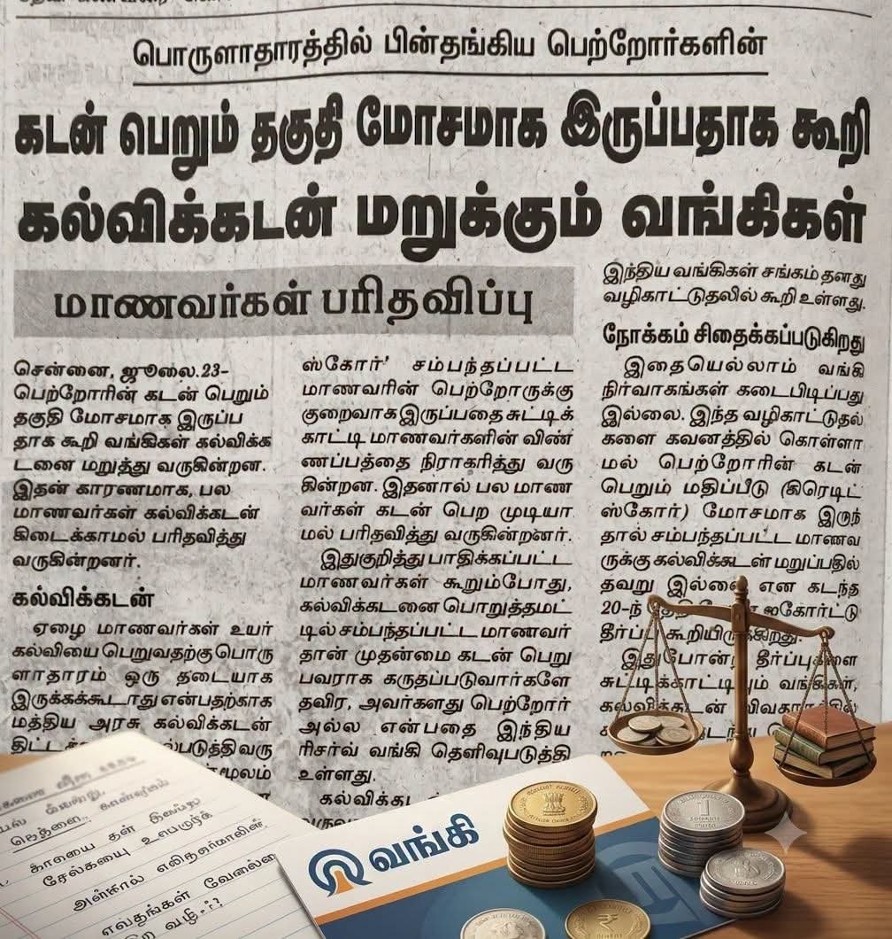 P_Pazhanivelu's tweet photo. உங்கள் கருத்து என்ன?

வறுமையில் இருக்கும் ஒரு மாணவனுக்குக் கல்விக்கடன் மறுக்கப்படுவது பற்றிய உங்கள் கருத்துக்களைக் கீழே கமெண்ட்டில் சொல்லுங்கள்!
#EducationLoan #CIBILScore #StudentRights #HigherEducation #BankRules #SocialAwareness #EducationForAll https://t.co/6F1zy1smKP