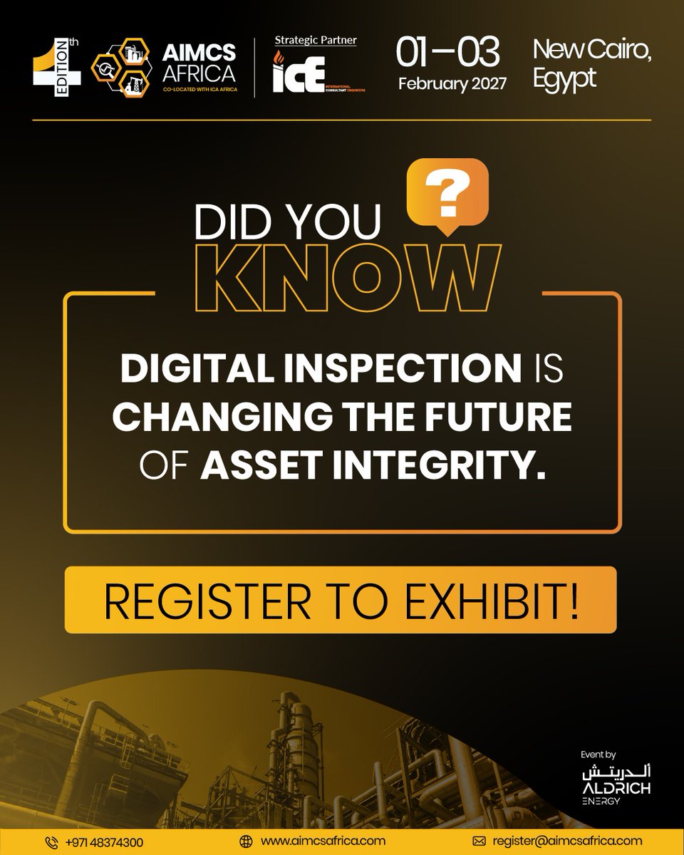 AIMCSAFRICA's tweet photo. Did you know? Digital inspection technologies are transforming how industries monitor critical assets. From drones to advanced analytics, they improve safety, accuracy, and faster integrity decisions.

Showcase your solutions at AIMCS Africa Expo 2027.
 https://t.co/7QBNZ2YtBn https://t.co/fBQbioljon