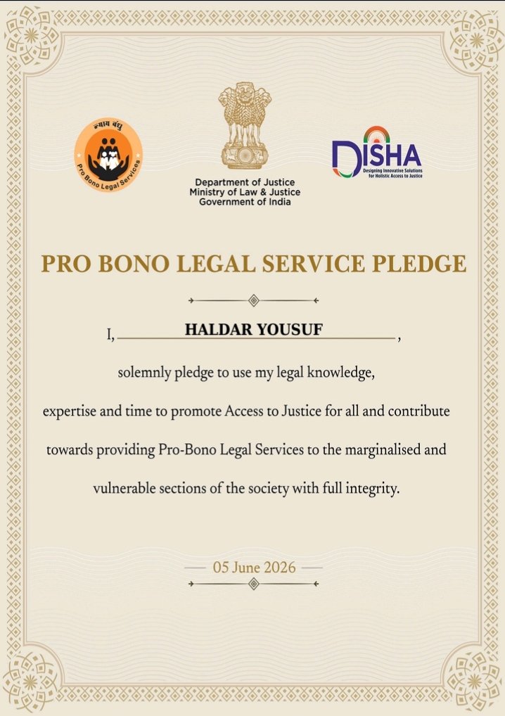 Yousuf_Haldar's tweet photo. I am proud to share my Pro Bono Legal Service Pledge certified by the Department of Justice, Ministry of Law & Justice, Government of India (DISHA & Nyaya Bandhu initiative). 🇮🇳⚖️

​As promised, I stand fully committed to utilizing legal knowledge, expertise, and time to promote access to justice for all—especially supporting vulnerable borrowers facing unlawful harassment, mental depression, and illegal recovery threats.

​Our Mission: ✍️

1️⃣​ To ensure no innocent person suffers in silence.

2️⃣​ To advocate for constitutional rights and legal protections under RBI guidelines.

3️⃣​ To save lives by preventing extreme depression caused by financial hardship.

​Justice belongs to everyone, not just the powerful. Let’s stand united against illegal recovery practices and spread legal awareness! 🛡️❤️

​#ProBono #DepartmentOfJustice #NyayaBandhu #LegalAwareness #AccessToJustice #ConsumerRights #StopRecoveryHarassment #MentalHealthMatters #SocialService #YousufHaldar
