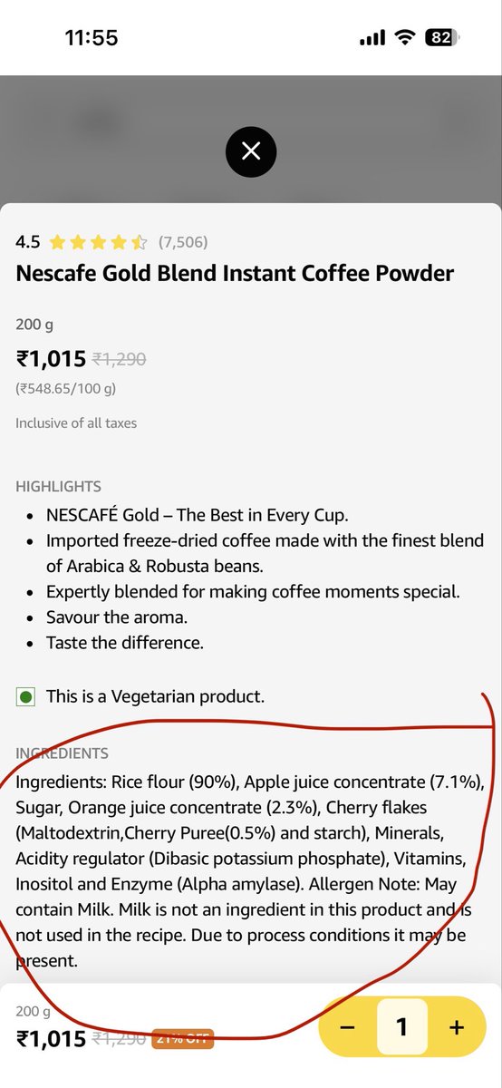 k_yash07's tweet photo. Since when did 100% coffee start containing breakfast cereal ingredients? 👀

@amazonIN, your product page seems to be having an identity crisis. 
Might want to fix this bug!!!!!! https://t.co/DF2IOPgclj