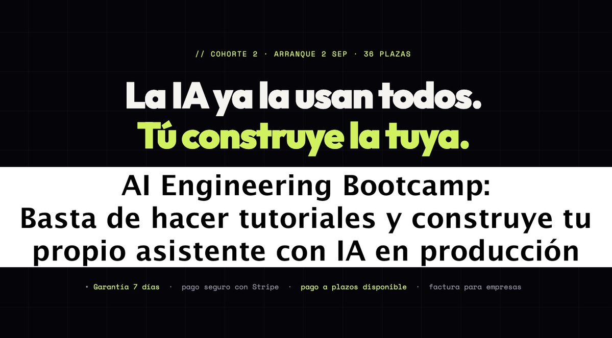 chemaalonso's tweet photo. El lado del mal - AI Engineering Bootcamp: Basta de hacer tutoriales y construye tu propio asistente con IA en producción https://t.co/ZhqgLhsm8S #AIEngineering #BootCamp #AI #IA #InteligenciaArtificial #Ingenieria https://t.co/bwPW8foM0u
