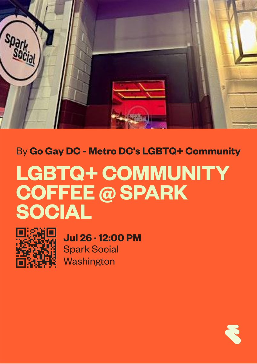 GoGayDC's tweet photo. The next community Coffee and Conversation @ Spark Social happens Sunday, July 26 at Noon.  Look for the Go Gay DC sign on a table. RSVP at https://t.co/m3qUz3eu4O

Meet new LGBTQ+ folk and enjoy the safe space.
 
#gogaydc
#washblade
#washingtondc
#metroweekly
#eccdcmetro
#dcgays https://t.co/bmvousyt3D