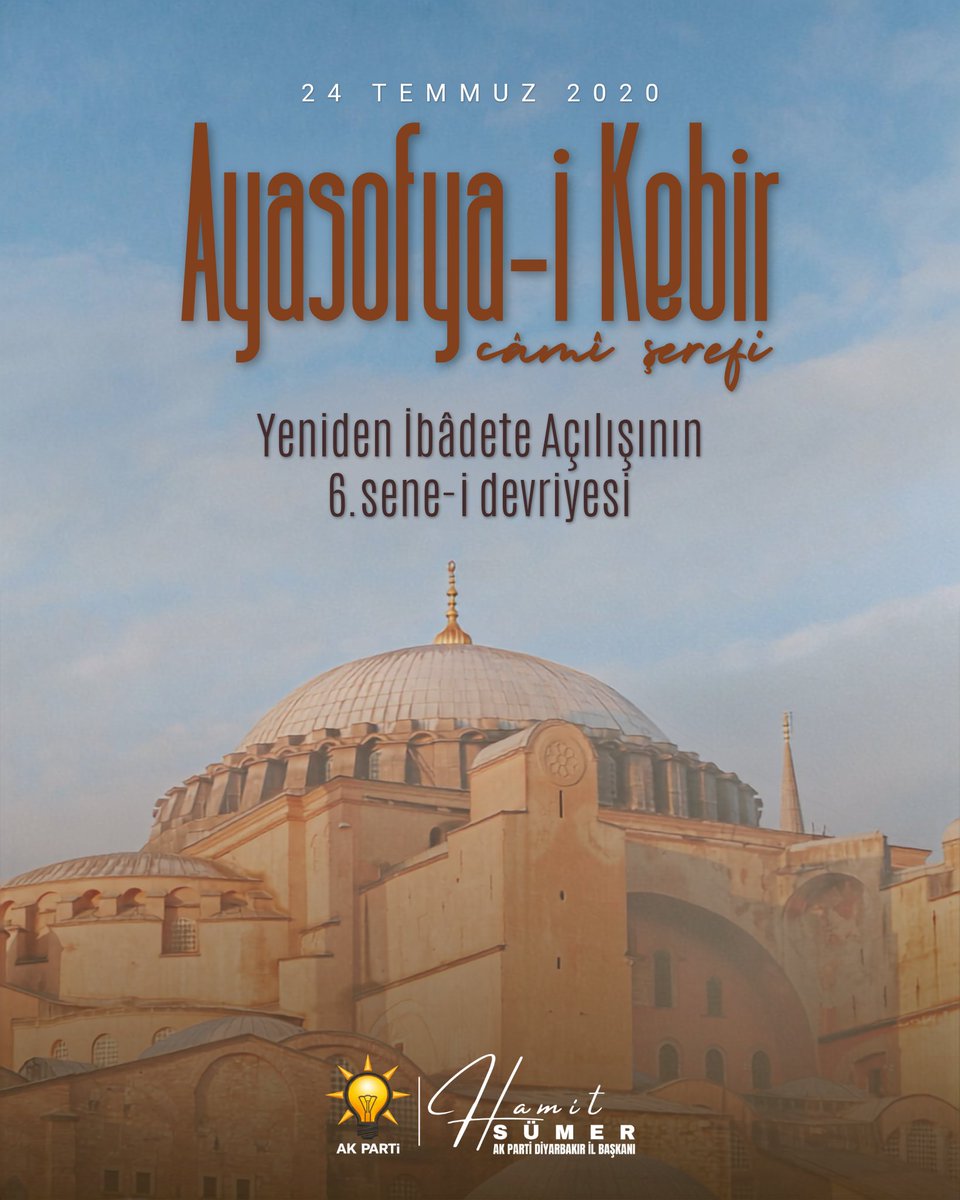 HamitSumer21's tweet photo. Bugün, milletimizin hafızasında ve gönlünde müstesna bir yere sahip olan tarihi bir dönüm noktasının yıl dönümü…

Ayasofya-i Kebir Camii Şerifi'nin yeniden ibadete açılışının 6. yılında, bu kutlu karara liderlik eden Cumhurbaşkanımız Sayın Recep Tayyip Erdoğan'a teşekkür ediyor, Rabbimize sonsuz hamd ediyoruz.

Ayasofya'nın minarelerinden yükselen ezanlar, birlik ve beraberliğimizin en güçlü nişanelerinden biri olarak ilelebet yankılansın.

#AyasofyaCamii
#HayırlıCumalar