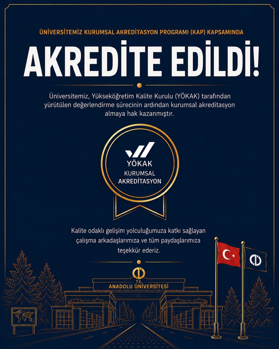 Adiguzel_Yusuf's tweet photo. ANADOLU ÜNİVERSİTESİ
YÖKAK’TAN AKREDİTASYON ALDI
#AnadoluÜniversitesi kalite odaklı eğitim politikasını taçlandırdı. Anadolu Üniversitesi’ni tercih edecek adaylar, kalite rozetimizi ÖSYM Tercih Kılavuzunda görebilirler.
Yükseköğretim Kalite Kurulu (#YÖKAK) Başkanı Prof. Dr. Ümit Kocabıçak’a belgeyi bizzat Üniversitemize gelerek teslim ettiği için ve yolculuğumuzu kolaylaştıran tüm Kalite Komisyonu üyelerimize üstün gayretlerinden dolayı teşekkür ediyorum.