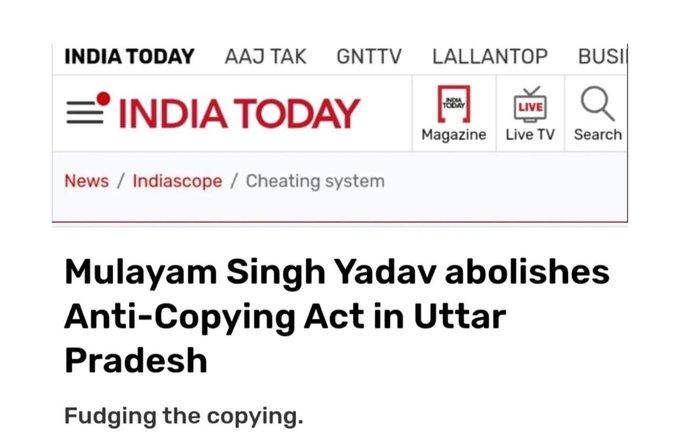 rishibagree's tweet photo. @yadavakhilesh 1992 :: BJP introduced the Anti-Copying Act in Uttar Pradesh. 1200+ students were arrested for cheating

1993 :: Mulayam Singh exhorted, 
"Mandir baad mein, pehle bachchon ko pass karao."

Mulayam Won.

1994 :: Samajwadi Party under Mulayam Singh abolished the Anti-Copying Act. https://t.co/dWzeiW9m0i