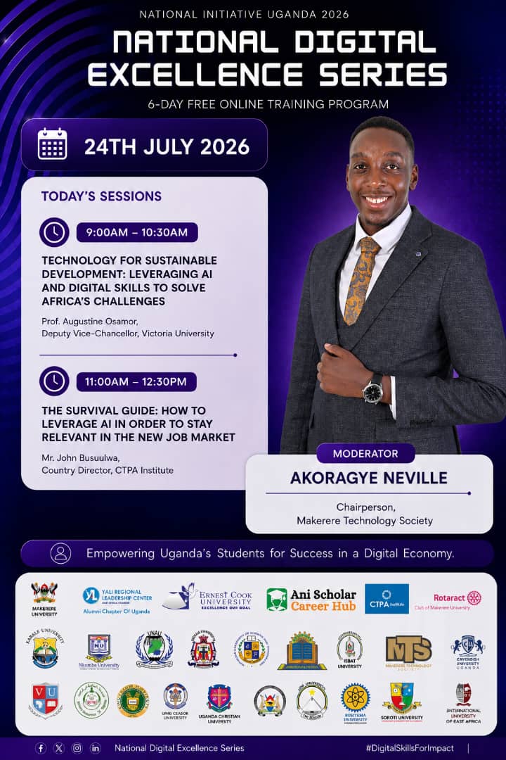 jonah39341's tweet photo. Day 5 of #NDES2026 happening today.
Two sessions on AI's role in solving Africa's challenges and staying relevant in the new job market. Free, online, open to students across Uganda.
#NationalDigitalExcellenceSeries 
#DigitalLiteracy https://t.co/ZcQtwdrXjO