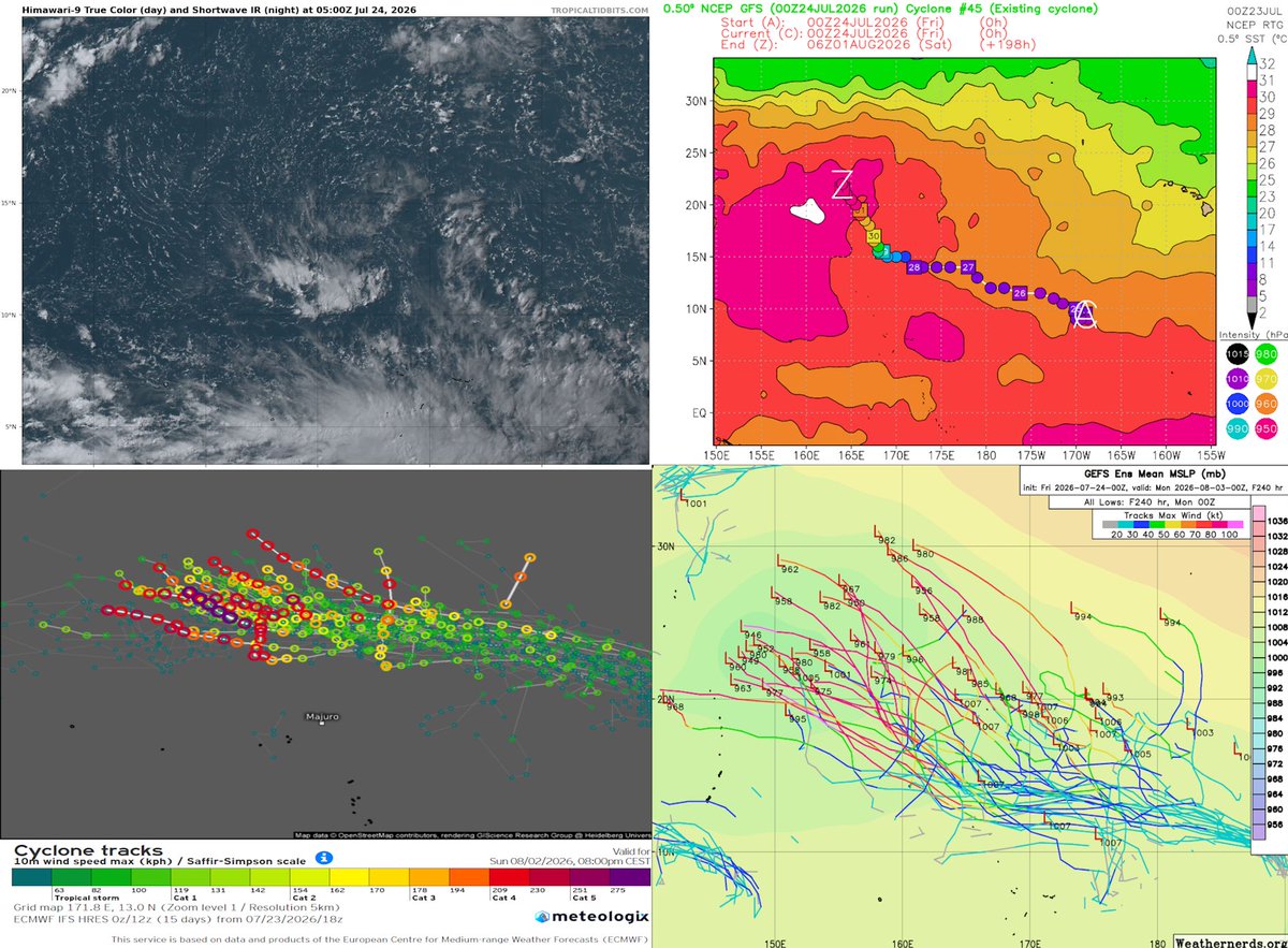 T2mike's tweet photo. #Tropical #Pacific_West #Noul #98W and possible others. Image 24/05UTC with 24/0001UTC tracks ensembles GEFS 24/0001UTC and ECMWF 23/1800UTC https://t.co/fxm5Rk8Kft