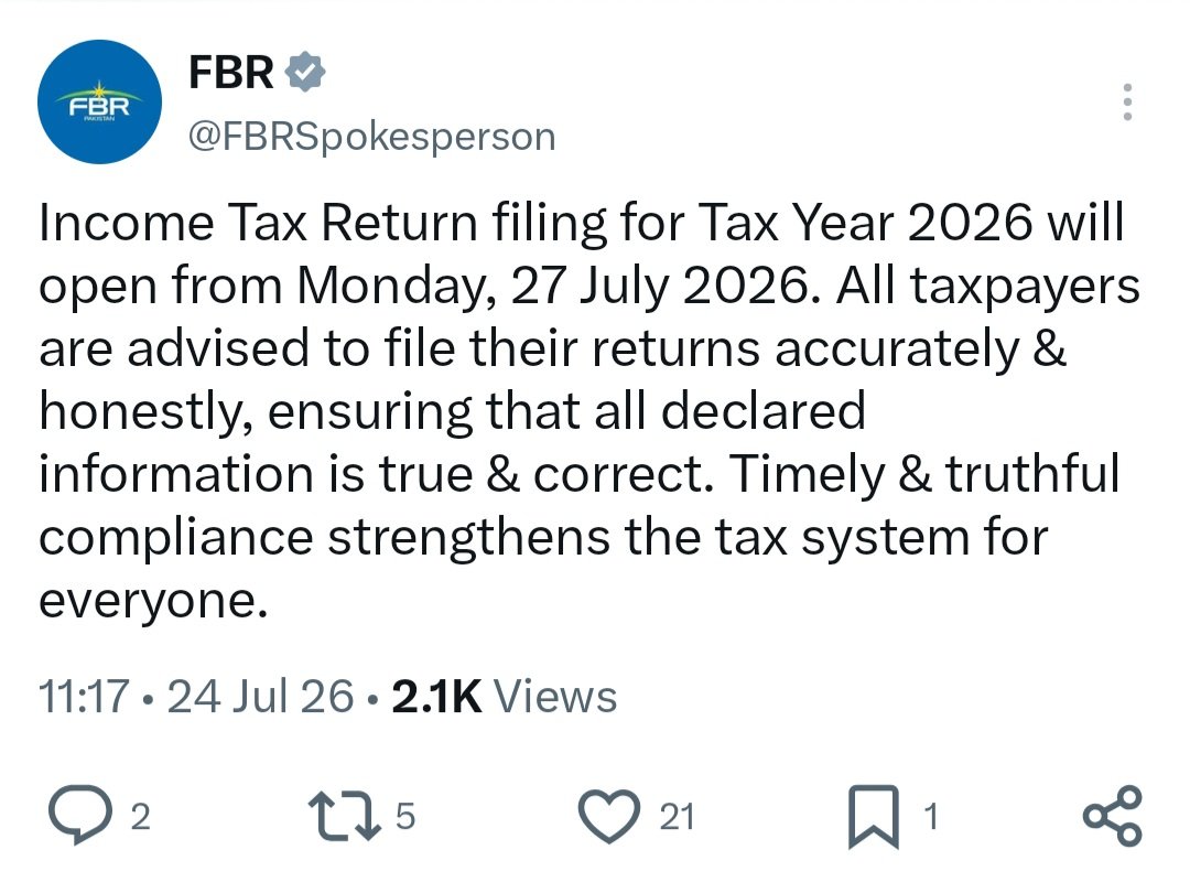 AmerSharifOFCL's tweet photo. After 27 days of the legally allowed 90-day tax return filing period have already been lost, the FBR is now expected to allow return submission from Monday. Therefore, the deadline for filing income tax returns should automatically be extended to 27 October 2026 instead of 30 September 2026, so that taxpayers receive the full 90-day filing period provided by law.

This should not be announced at 11:59 PM on 30 September 2026. It should be recognised and communicated well in advance. Moreover, taxpayers are still facing numerous IRIS system glitches, making compliance even more difficult.