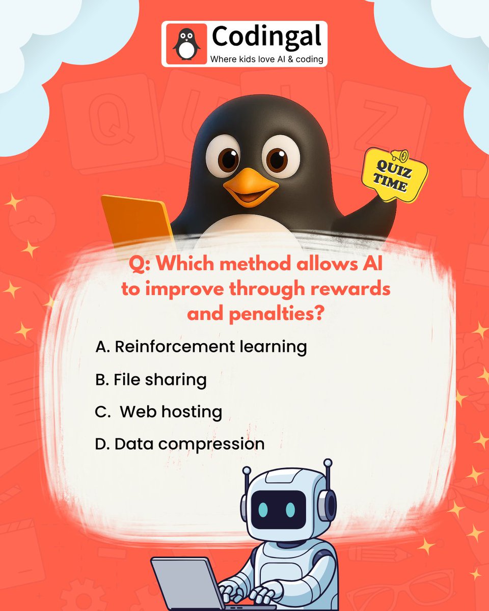 codingal's tweet photo. Can you guess how AI learns from rewards and penalties?
Drop your answer in the comments!

#AIQuiz #ReinforcementLearning #LearnAI #TechForKids #Codingal https://t.co/PcGS7lntVH