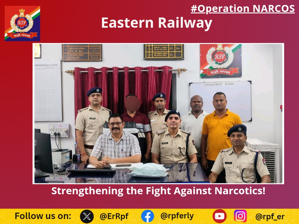 ErRpf's tweet photo. On 23.07.2026, RPF Officials arrested 01 person with recovery of 1 Kg Heroin valued ₹02 Crores from Kolkata Railway Station &amp; handed over to NCB/Kolkata for further legal action. 
#OperationNarcos
@RPF_INDIA 
@RailMinIndia https://t.co/oVneAQkEX2