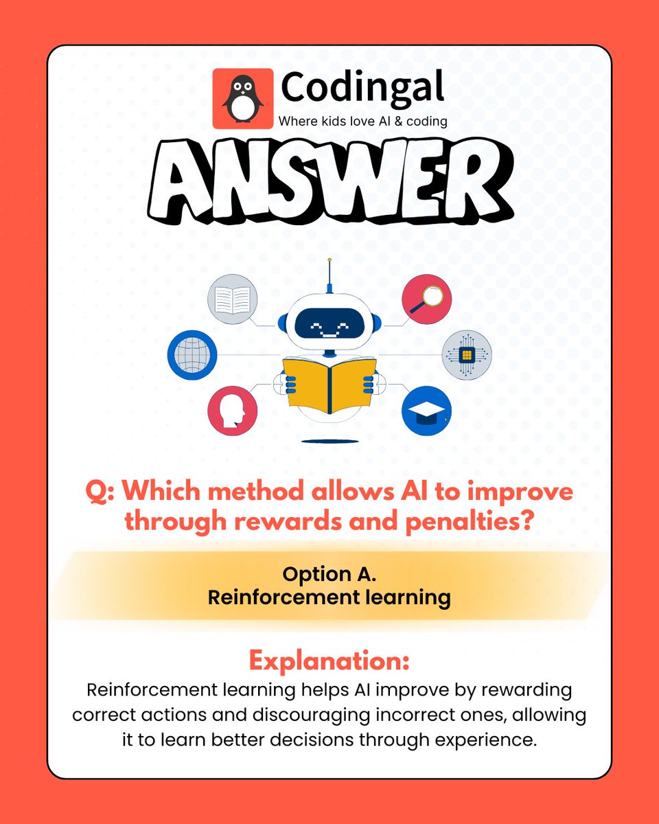 codingal's tweet photo. AI learns from experience! Reinforcement learning uses rewards and penalties to help machines make smarter decisions over time.

#ReinforcementLearning #AIQuiz #LearnAI #ArtificialIntelligence #Codingal https://t.co/Mfqh71sweh