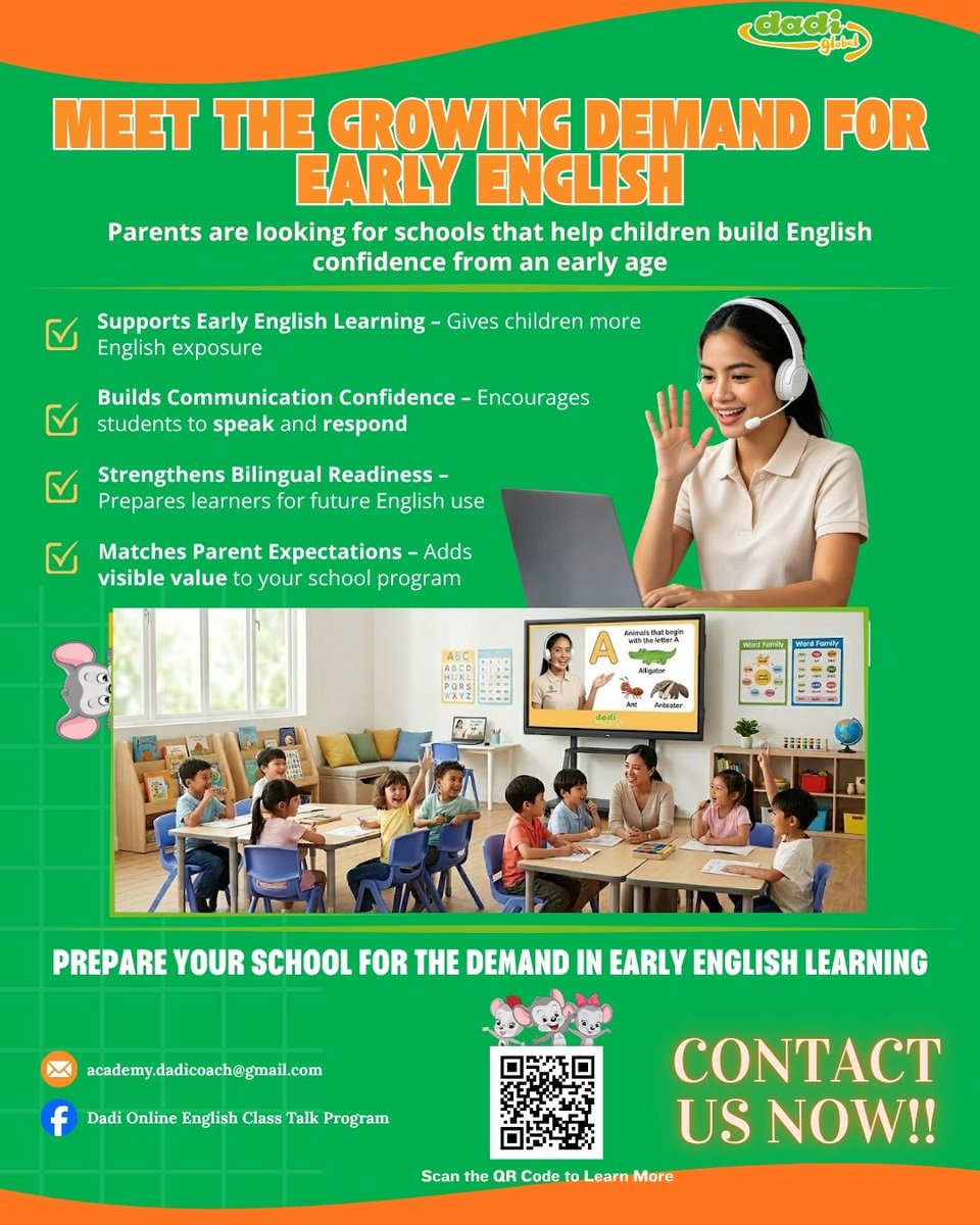 dadiclasstalk's tweet photo. Parents are looking for schools that support early English exposure and speaking confidence. 🌟

Class Talk helps schools respond with a practical, visible, and interactive English-speaking program for young learners.

Prepare your school for the growing demand in early English. https://t.co/DB4XVNZolS