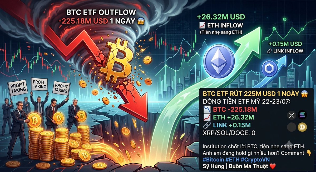 syhung909090's tweet photo. BTC ETF rút 225M USD 1 ngày 😱
Dòng tiền ETF Mỹ 22-23/07:
📉 BTC -225.18M
📈 ETH +26.32M
🔗 LINK +0.15M XRP/SOL/DOGE: 0
Institution chốt lời BTC, tiền nhẹ sang ETH.
Anh em đang hold gì nhiều hơn? Comment 👇
#Bitcoin #ETH #CryptoVN
Sỹ Hùng | Buôn Ma Thuột ❤️ https://t.co/fciYYFkDrT