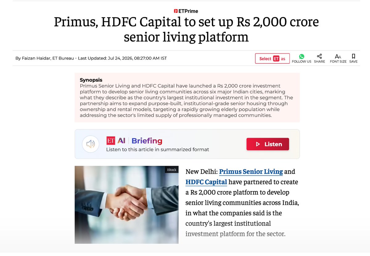 AdarshNarahari's tweet photo. Today feels deeply personal.

My grandmother inspired my journey into senior living. She showed me that ageing should never mean giving up independence, purpose or community.

Today, that vision takes a significant step forward.

Primus Senior Living and HDFC Capital are partnering to create a ₹2,000 crore platform—the largest institutional investment in India's senior living sector.

This isn't just about capital. It's about recognising that India's seniors deserve better choices, better communities and better ways to age.

Thank you, @HDFCCapital and Vipul Roongta, for believing in this vision.

https://t.co/DVCAqxOWzP
