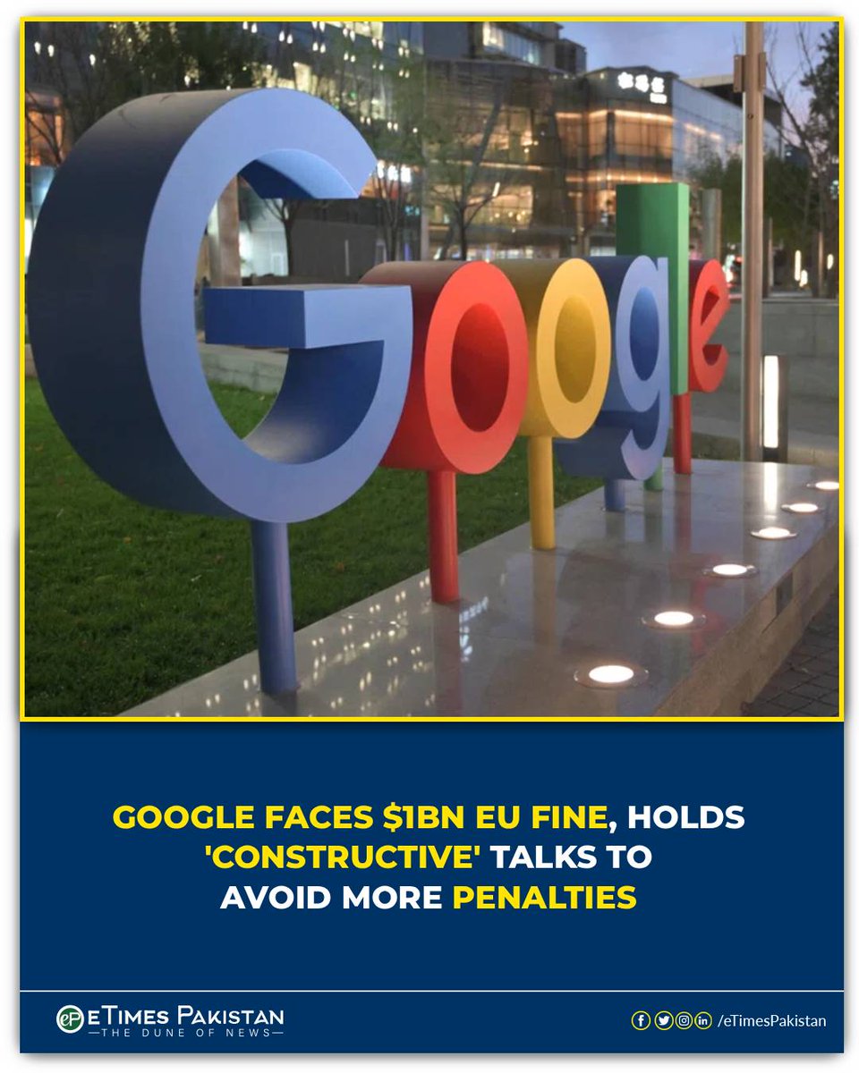 eTimesPakistan's tweet photo. Google's $1 billion EU fine highlights EU digital rules as compliance talks continue, with Google reviewing changes under the DMA today.
Read more: https://t.co/JfFNwrrBbY

#etimespakistan #BreakingNews #googlereview #EuropeanUnion #Eu #DigitalMarketsAct #googleeufine #technews https://t.co/NkWULhswSY
