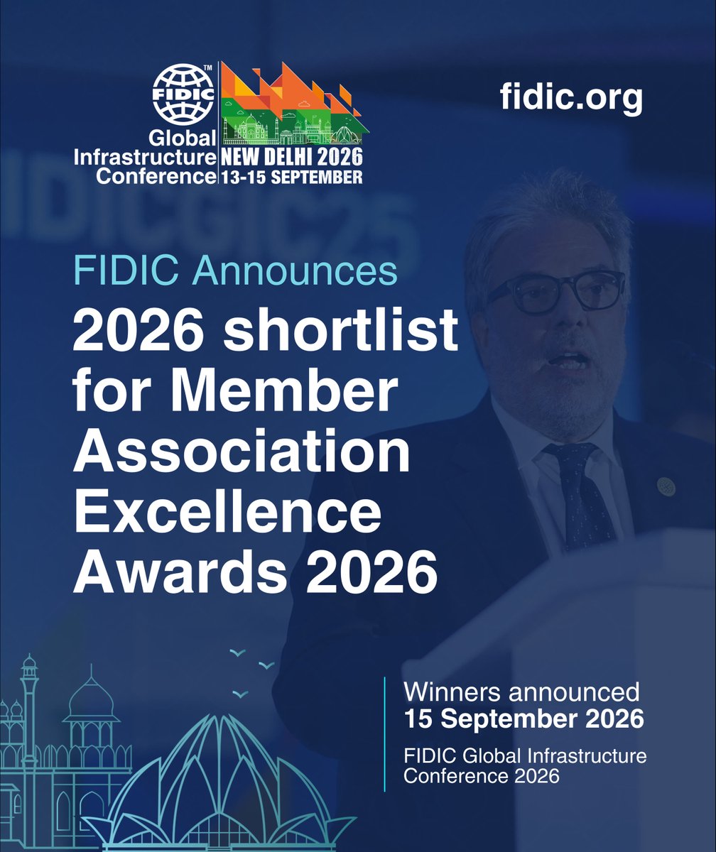 FIDIC's tweet photo. 🌍 FIDIC has shortlisted 8 member associations for its 2026 Excellence Awards, spanning four continents.

Every FIDIC member association, established or emerging, can be recognised for the work they do for our industry. This year's shortlist:

-  @American Council of Engineering Companies (ACEC)
-  @Association of Consulting Engineering Companies - Canada (ACEC-Canada)  
- @Consulting Engineers Association of India (@CEAI India)
- Ethiopian Consulting Engineers and Architects Association (ECEAA)
- @Ikatan Nasional Konsultan Indonesia (INKINDO) 
- @OICE, Italy, @Tecniberia,  Spain (joint entrants)
- @NLingenieurs, Netherlands
- @suisse.ing - Schweizerische Vereinigung Beratender Ingenieurunternehmungen, Switzerland

Winners will be announced at the FIDIC Global Infrastructure Awards gala on 15 September 2026 in New Delhi in the context of #FIDICGIC26.

Well done to all shortlisted associations! 👏

Read more: https://t.co/j4UM8zpVPx

#FIDIC #EngineeringExcellence