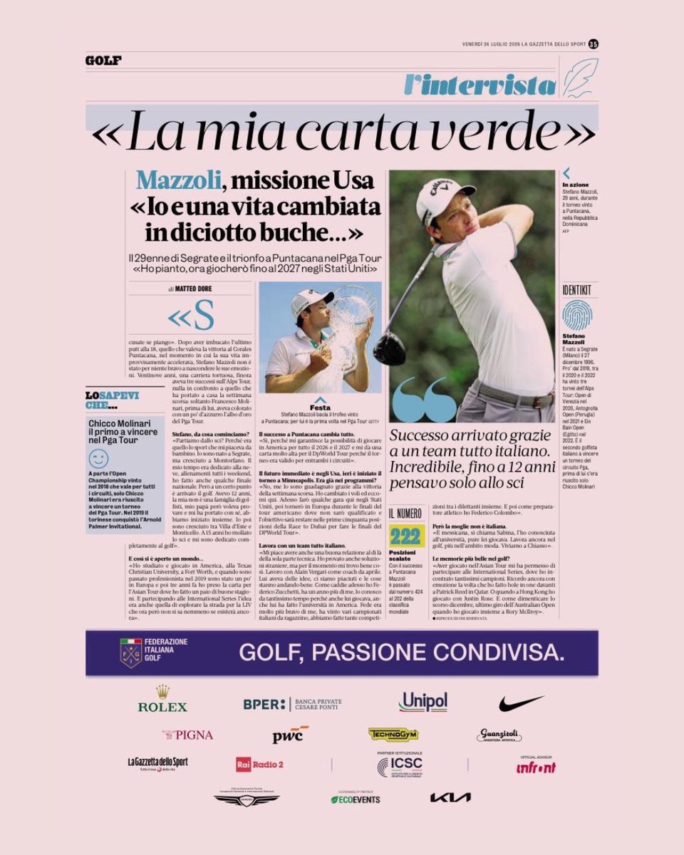 FederGolf's tweet photo. Il trionfo nel Corales Puntacana Championship, le lacrime di gioia e le prospettive sul PGA Tour e sul DP World Tour. 

Stefano Mazzoli si racconta sulle pagine della Gazzetta dello Sport. https://t.co/o6POIMPaDU