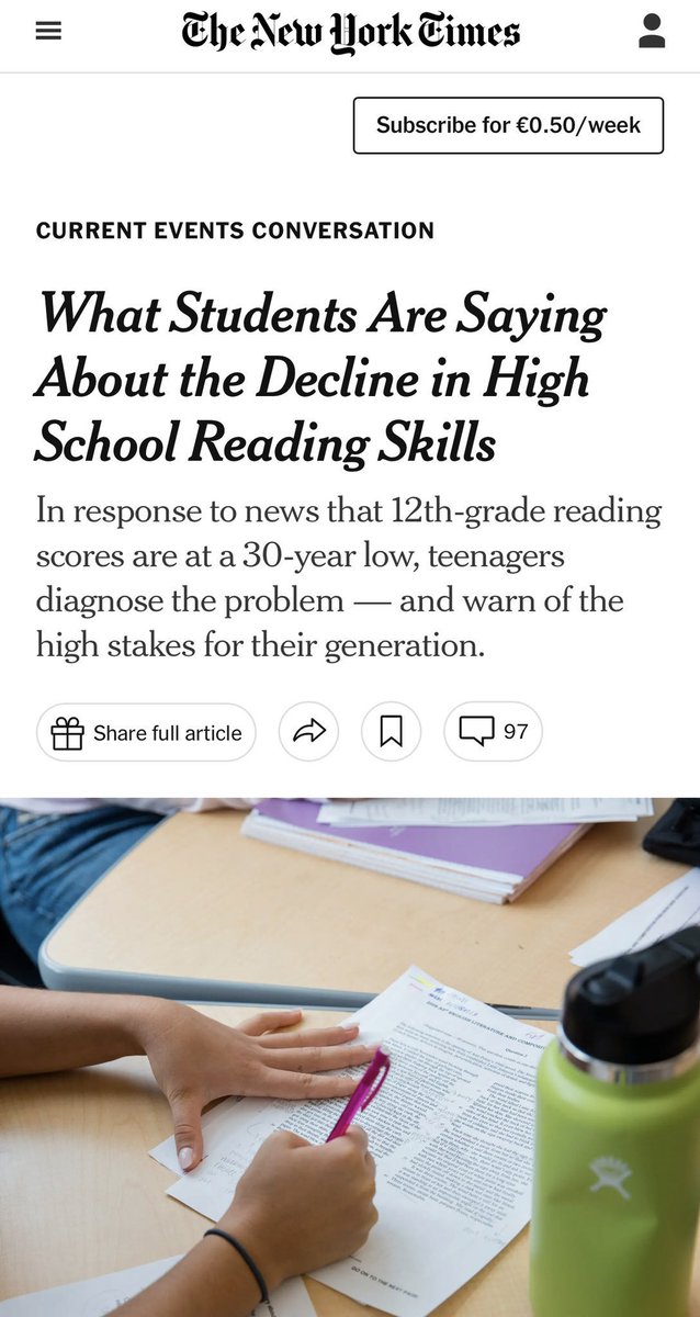 sanz_ismael's tweet photo. Una generación que no lee bien tendrá más dificultades para entender política, contratos o información básica. New York Times: la caída de la lectura es un problema democrático y laboral, no solo educativo. Los propios estudiantes piden soluciones claras: más lectura real en clase, menos vídeos y atajos, estándares académicos más exigentes y límites al uso del móvil y la IA https://t.co/HaDWLIcTy3