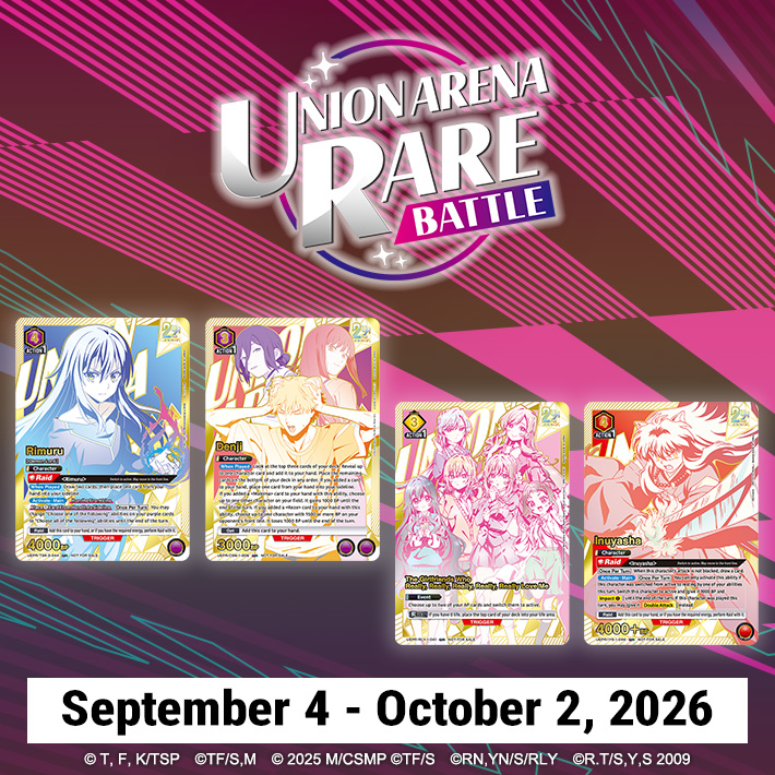 UA_EN_TCG's tweet photo. [Events]
Details have been announced for UNION ARENA RARE BATTLE 2026 happening from Sep. 4 to Oct. 2! 🎉
Don't miss the all-new prize lineup! 👀✨
Check the new event page for more info! 👇
https://t.co/93yU4yteeX

#UNIONARENA_EN https://t.co/GWnFMaCH9U