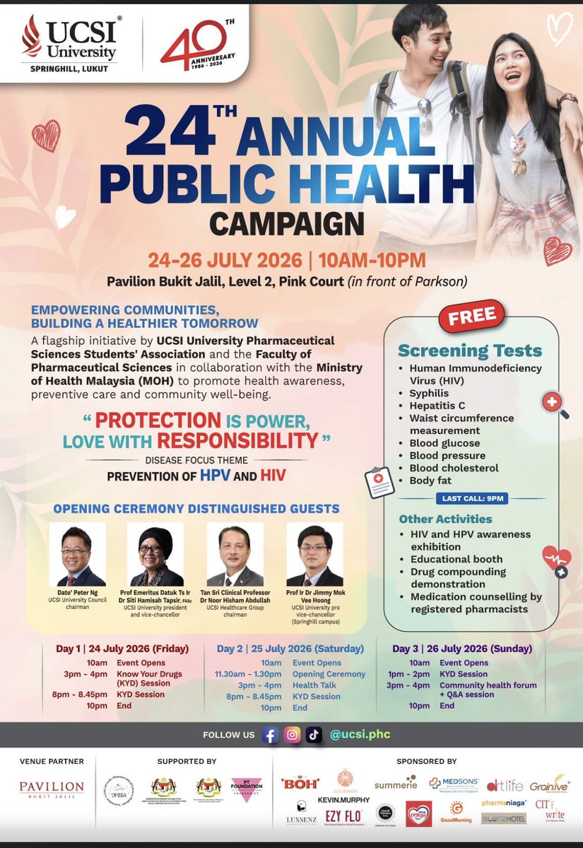 DGHisham's tweet photo. We are delighted to invite you to the 24th Annual Public Health Campaign 2026, hosted by UCSI University. Taking place from 24 to 26 July 2026 at the Side Court, Level 2, Pavilion Bukit Jalil, Kuala Lumpur, this event is jointly organized by the Faculty of Pharmaceutical Sciences and the UCSI University Pharmaceutical Sciences Students' Association (UCSIUPSSA), in partnership with the Ministry of Health Malaysia (MOH).

The campaign reflects UCSI University’s unwavering dedication to community engagement, preventive healthcare, and social responsibility. We encourage you to explore the exhibition booths, engage with our students, healthcare professionals, and industry partners, and take part in the wide array of activities, including health screenings that will be available throughout the event.