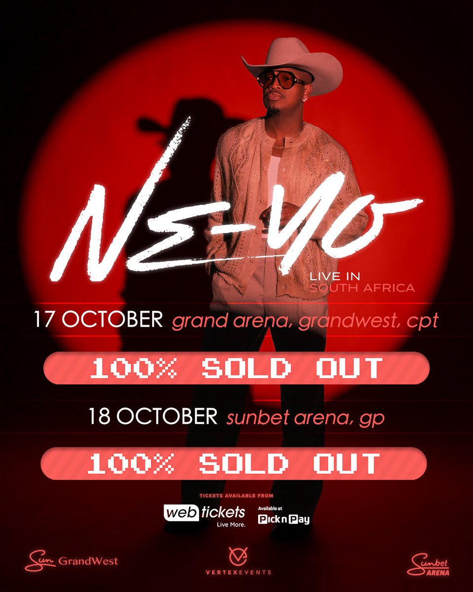 VertexEvents's tweet photo. 🚨 NE-YO Live in South Africa is officially SOLD OUT! 🇿🇦❤️ Thank you for the incredible support.

⚠️ Beware of Viagogo and other third-party resellers. Vertex Events cannot verify or guarantee tickets purchased from unauthorized sellers.

#NEYOinSA #SoldOut https://t.co/hjgban0KVj