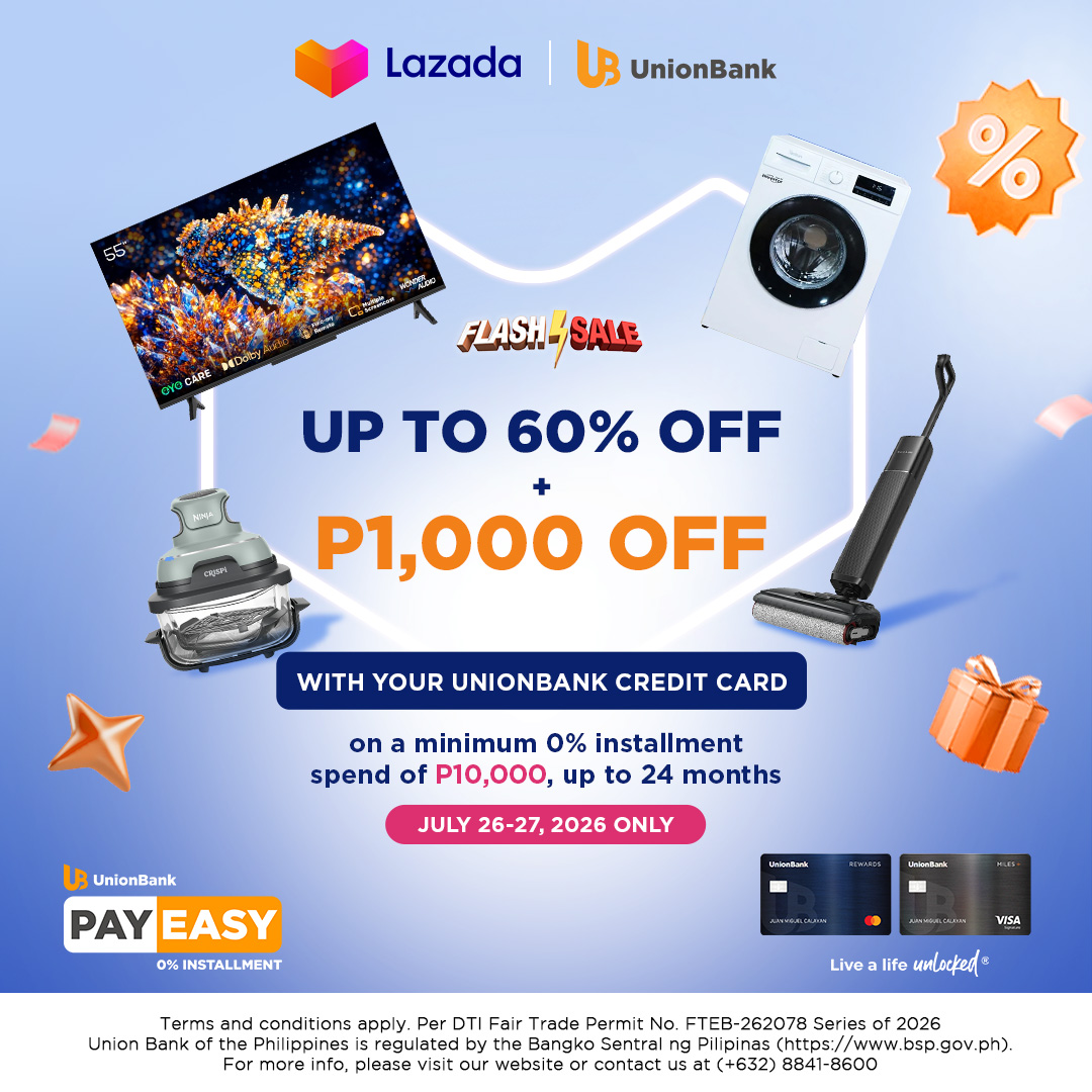 unionbankph's tweet photo. Save more on your next home upgrade with this UnionBank Credit Card-exclusive! 🏠

Enjoy up to 60% OFF on select home appliances on Lazada!

Plus, get EXTRA ₱1,000 OFF when you:

 ✔️ Spend a minimum of ₱10,000 on home appliances on Lazada
 ✔️ Pay with 0% installment, up to 24 months using UnionBank PayEasy
 ✔️ Shop on July 26-27, 2026 at https://t.co/EuKgIcUnId

Terms and conditions apply. Per DTI Fair Trade Permit No. FTEB-262078, Series of 2026.

Union Bank of the Philippines is regulated by the Bangko Sentral ng Pilipinas (https://t.co/1yGSaMN7t8). 

For more info, please visit our website. For any concern, you may contact us through our UnionBank Online app (Mailbox > Support > Create New Ticket) or our Customer Service Hotline at (+632) 8841-8600.