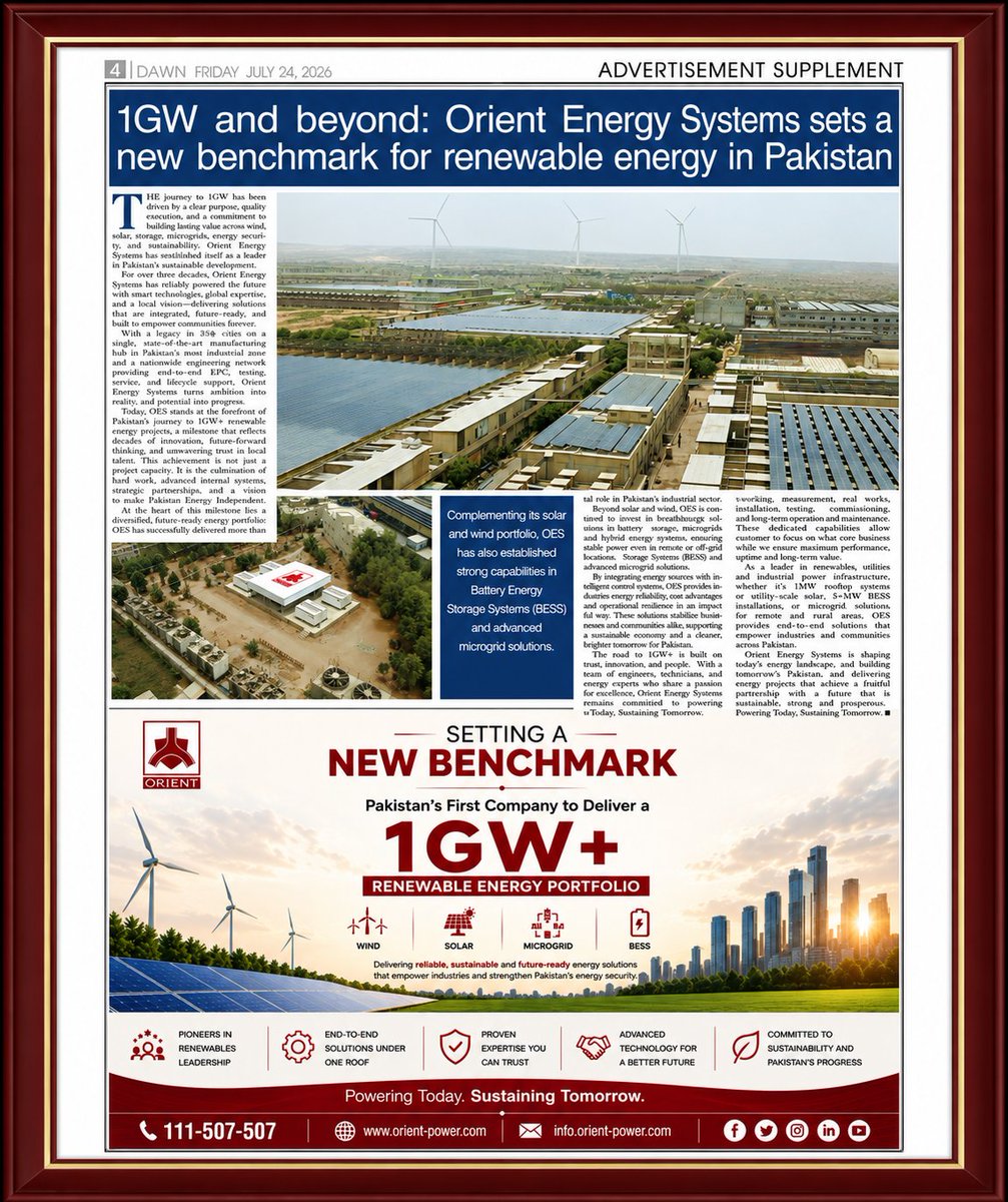 SystemsOrient's tweet photo. A significant milestone in our renewable energy journey has been featured in @dawn_com  Advertisement Supplement. As Pakistan's first company to deliver a 1GW+ renewable energy portfolio, 
#OrientEnergySystems #RenewableEnergy #Sustainability #CleanEnergy #Pakistan #1GW https://t.co/6AjTmpkR5R